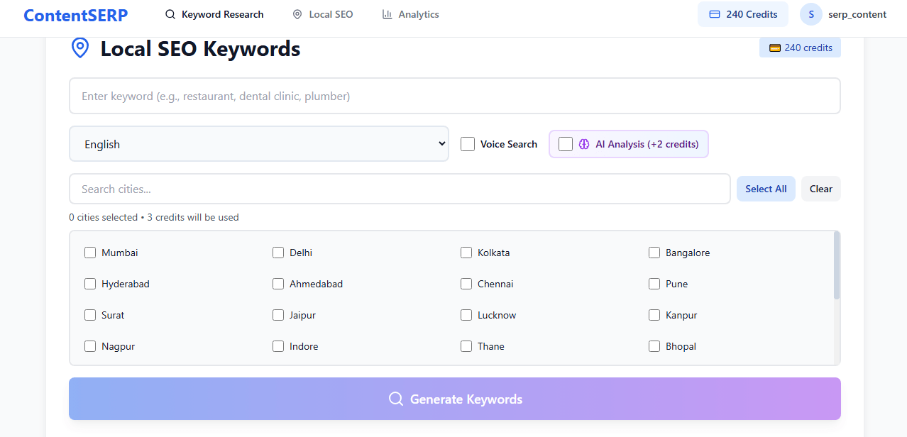 Local SEO Keyword Tool India — City-specific keyword research and map pack analysis