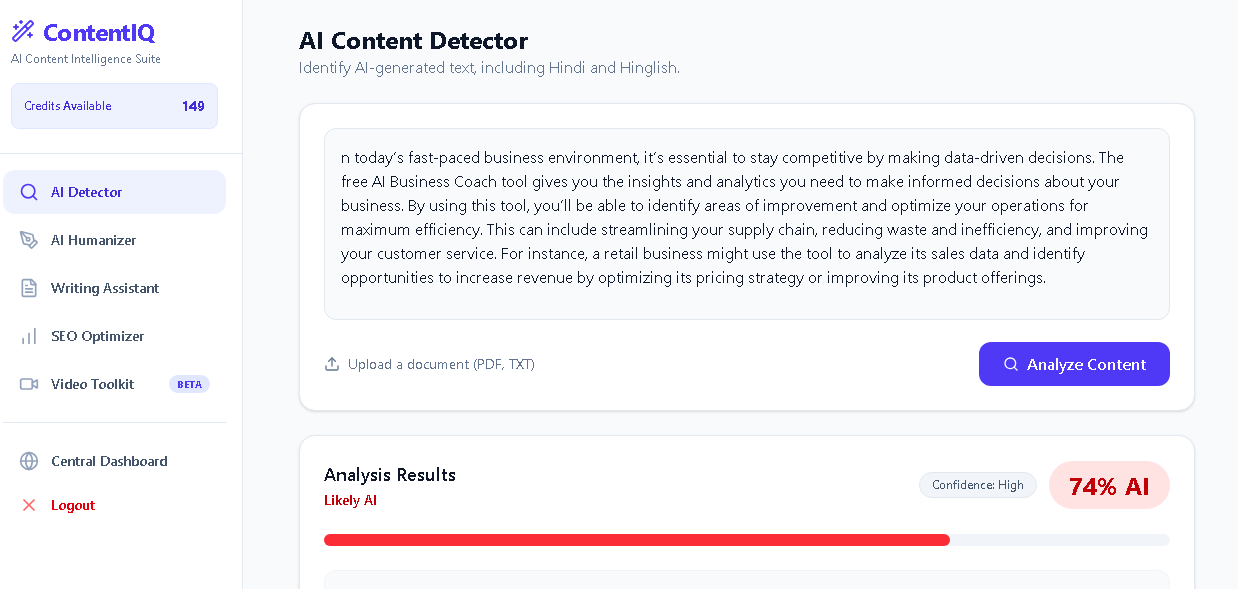 ContentIQ Dashboard — AI Detection, Humanizer, Writing and SEO Tools for India