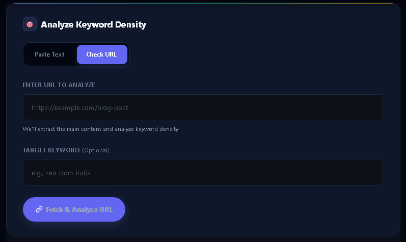Free Keyword Density Checker tool analyzing 1-word, 2-word and 3-word keyword phrases with density percentage for Indian websites