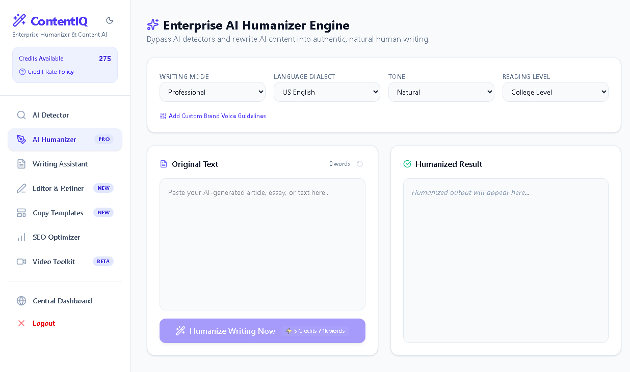 AI Humanizer Tool Dashboard