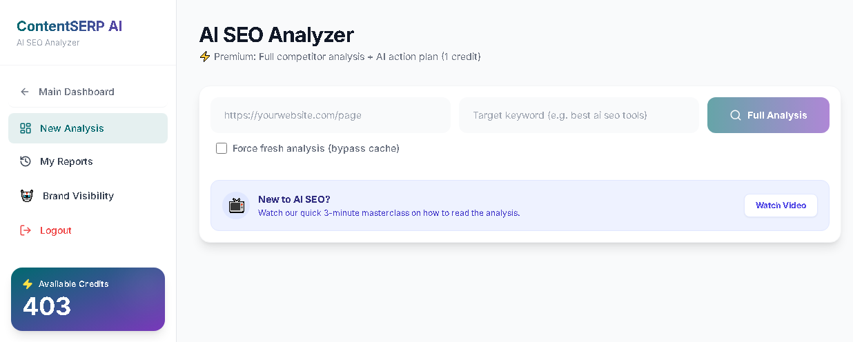 AI SEO Analyzer showing content optimization and entity gap analysis